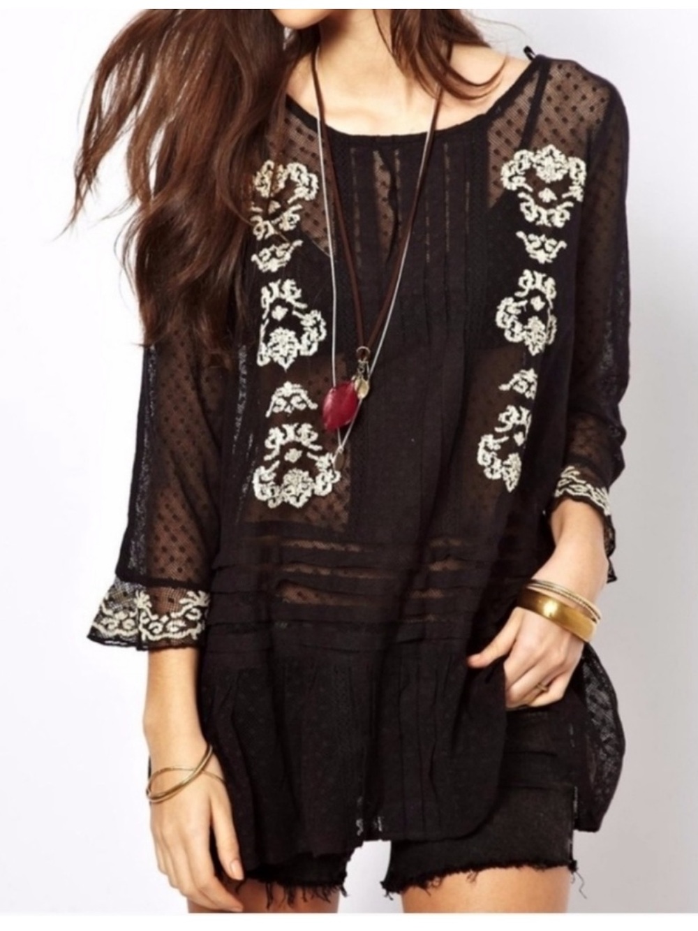 Free People Jocelyn Black Sheer Lace Tunic with Cream Embroidery dot M